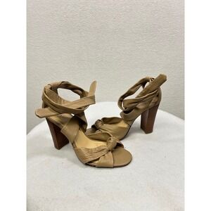 Talbots Leather Heeled Sandals Womens 7.5 B Tan Knotted Ankle Wrap Block Heel